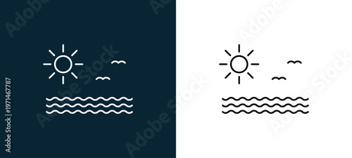 Two-color sun sea and seagulls outline icon pair in black and white, editable stroke vector illustration for web, mobile apps, UI design, branding, and print from travelling