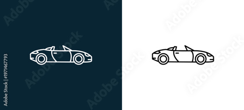 Two-color cabriolet facing right outline icon pair in black and white, editable stroke vector illustration for web, mobile apps, UI design, branding, and print from travelling