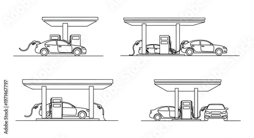 Line art illustration of electric vehicles charging at stations