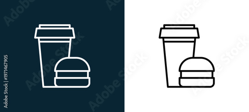 Two-color drink and hamburger outline icon pair in black and white, editable stroke vector illustration for web, mobile apps, UI design, branding, and print from travelling