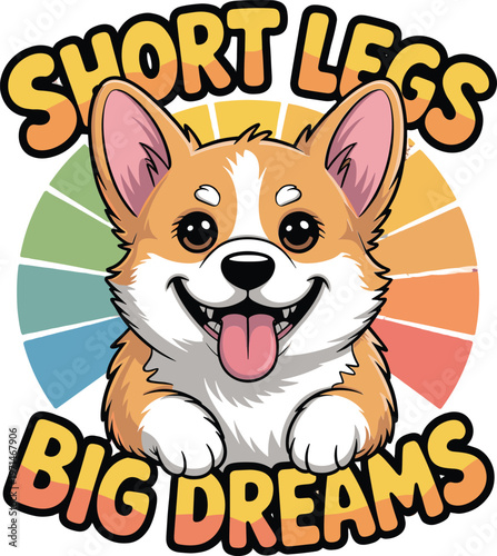 Smiling corgi dog with short legs and colorful wheel background graphic design