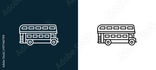 Two-color double decker bus outline icon pair in black and white, editable stroke vector illustration for web, mobile apps, UI design, branding, and print from travelling
