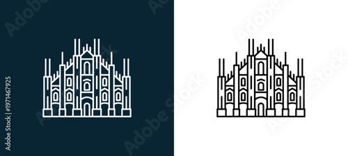 Two-color duomo di milano outline icon pair in black and white, editable stroke vector illustration for web, mobile apps, UI design, branding, and print from travelling