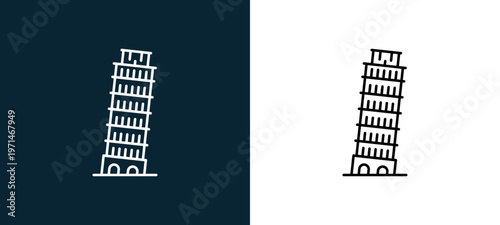 Two-color leaning tower of pisa outline icon pair in black and white, editable stroke vector illustration for web, mobile apps, UI design, branding, and print from travelling