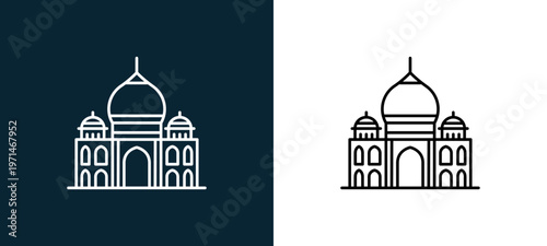 Two-color taj mahal outline icon pair in black and white, editable stroke vector illustration for web, mobile apps, UI design, branding, and print from travelling