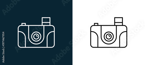 Two-color photo camera with flash outline icon pair in black and white, editable stroke vector illustration for web, mobile apps, UI design, branding, and print from travelling