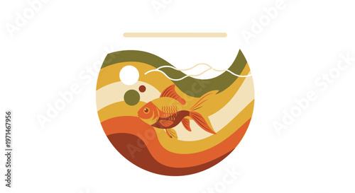 Goldfish in a Stylized Retro 70s Fishbowl with Warm Abstract Colors