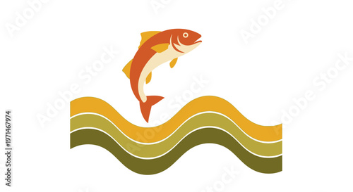 Fish Jumping over Abstract Wavy Water Layers Illustration