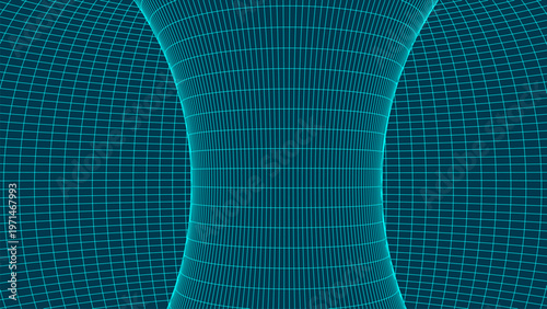 An abstract geometric figure constructed from a light coordinate grid against a dark background. The central area is gently compressed, creating an effect of spatial tension and a smooth curvature of