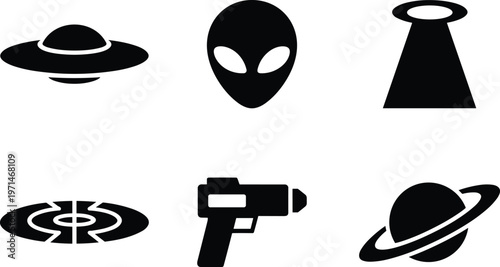 Outer space icons: ufo, alien face, planet, satellite dish, and futuristic gun, flying saucer