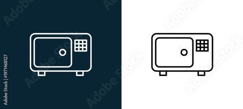 Two-color safe box with keys outline icon pair in black and white, editable stroke vector illustration for web, mobile apps, UI design, branding, and print from travelling
