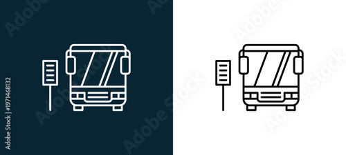 Two-color bus front view with outline icon pair in black and white, editable stroke vector illustration for web, mobile apps, UI design, branding, and print from travelling