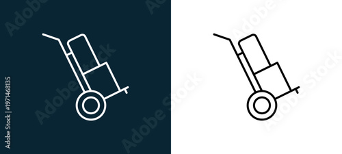 Two-color cargo trailer outline icon pair in black and white, editable stroke vector illustration for web, mobile apps, UI design, branding, and print from travelling