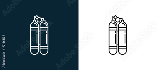 Two-color two aqualung outline icon pair in black and white, editable stroke vector illustration for web, mobile apps, UI design, branding, and print from travelling