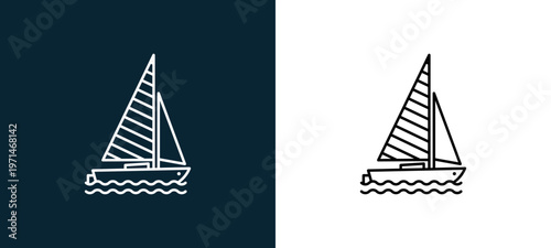Two-color yatch sailing outline icon pair in black and white, editable stroke vector illustration for web, mobile apps, UI design, branding, and print from travelling