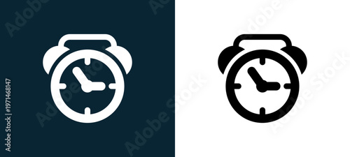 Two-color alarm clock of circular shape outline icon pair in black and white, editable stroke vector illustration for web, mobile apps, UI design, branding, and print from watches