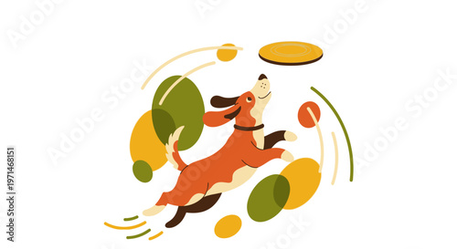 Dog Happily Jumping to Catch a Flying Frisbee Illustration