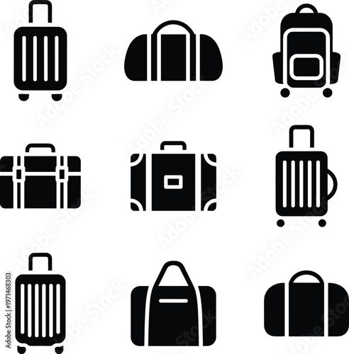Black silhouette luggage and travel bag icon set for vacation, business, and journey
