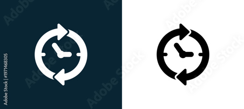Two-color clock with arrows circle around outline icon pair in black and white, editable stroke vector illustration for web, mobile apps, UI design, branding, and print from watches
