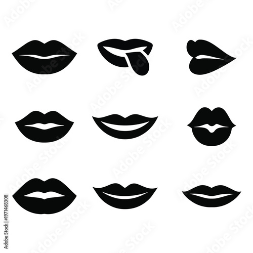 Black silhouette lips and mouth icon set with tongue and kiss expression