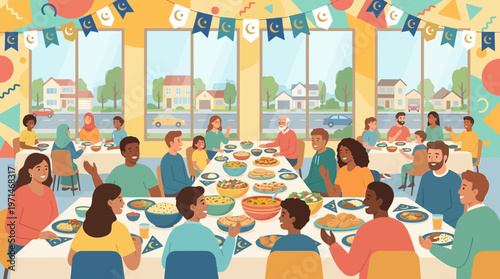 Diverse Community Gathering for Iftar or Eid Meal Illustration
