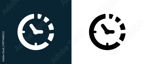 Two-color clock outline icon pair in black and white, editable stroke vector illustration for web, mobile apps, UI design, branding, and print from watches