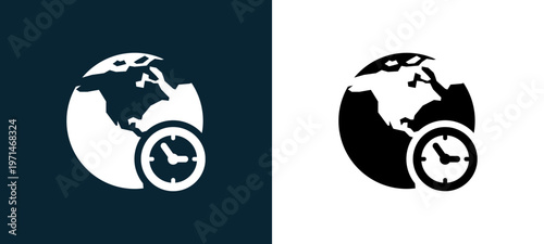 Two-color international hours outline icon pair in black and white, editable stroke vector illustration for web, mobile apps, UI design, branding, and print from watches