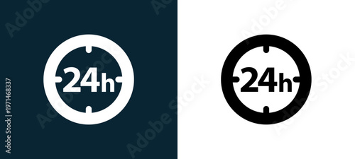 Two-color hours circular clock outline icon pair in black and white, editable stroke vector illustration for web, mobile apps, UI design, branding, and print from watches