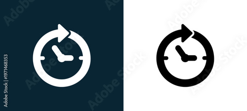 Two-color circular clock with clockwise arrow around outline icon pair in black and white, editable stroke vector illustration for web, mobile apps, UI design, branding, and print from watches