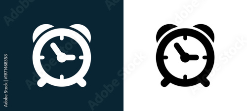 Two-color alarm clock of circular shape outline icon pair in black and white, editable stroke vector illustration for web, mobile apps, UI design, branding, and print from watches