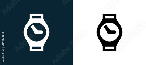 Two-color wristwatch outline icon pair in black and white, editable stroke vector illustration for web, mobile apps, UI design, branding, and print from watches