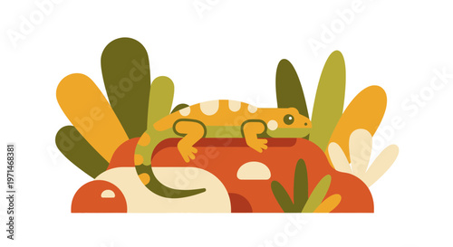 Gecko Resting on Rock Surrounded by Plants in Colorful Flat Art Style