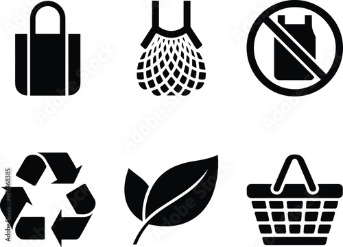 Eco-friendly sustainable living black silhouette icon set for environmental choices