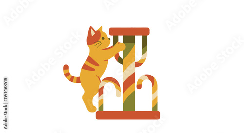 Cat Playing with a Retro Striped Candy Cane Scratching Post