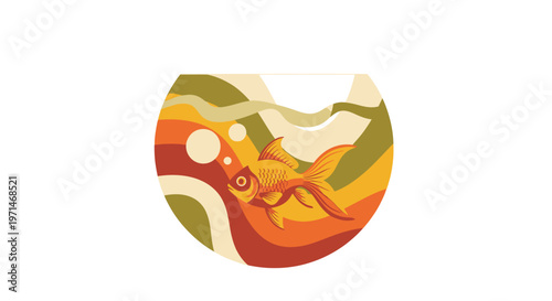 Goldfish Swimming in Stylized Fishbowl with Vibrant Wavy Patterns