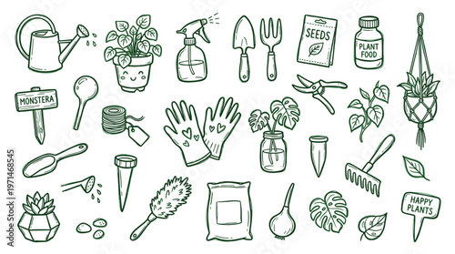 Hand drawn illustration of gardening tools and plants for home gardening and plant care