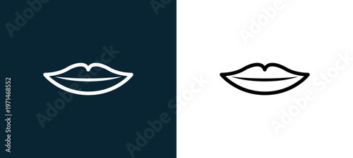 Two-color thin lips outline icon pair in black and white, editable stroke vector illustration for web, mobile apps, UI design, branding, and print from body parts