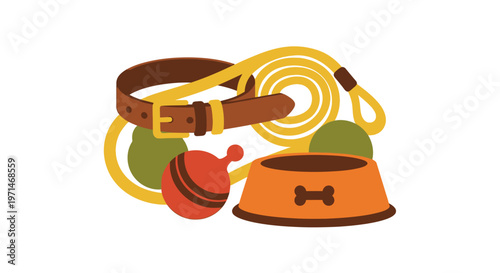 Collection of Pet Accessories with Collar Leash Toys and Food Bowl