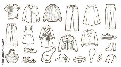 Hand drawn sketch of women's fashion clothing and accessories collection isolated on white background