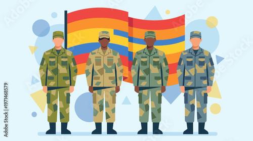 Soldiers in Camouflage Uniforms Standing Before Flag Vector