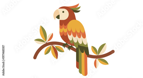 Parrot on a Branch Colorful Tropical Bird Flat Style Illustration