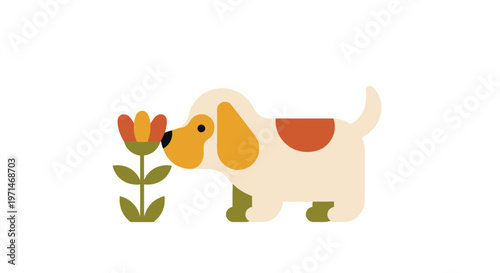 Dog Gently Sniffing a Vibrant Orange Flower in a Cute Retro Style
