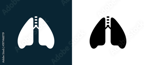 Two-color lungs with the trachea outline icon pair in black and white, editable stroke vector illustration for web, mobile apps, UI design, branding, and print from body parts