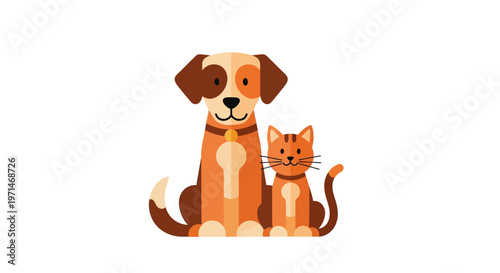 Animal Pets Dog and Cat Sitting Together Flat Style Illustration