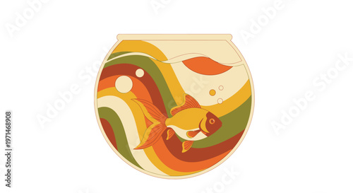 Goldfish Swimming in a Vintage 70s Style Fishbowl Illustration