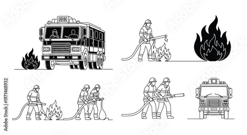 Firefighters battling a blaze with trucks and equipment illustrations