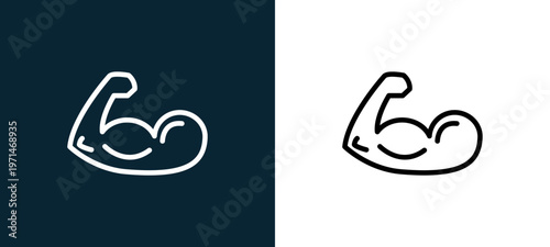 Two-color muscular arm outline icon pair in black and white, editable stroke vector illustration for web, mobile apps, UI design, branding, and print from body parts