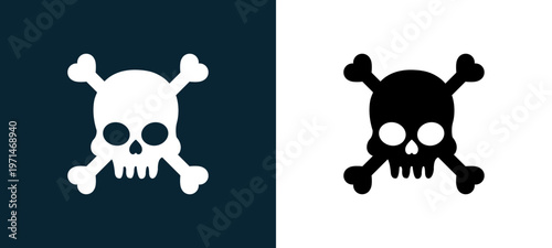 Two-color human skull with crossed bones outline icon pair in black and white, editable stroke vector illustration for web, mobile apps, UI design, branding, and print from body parts