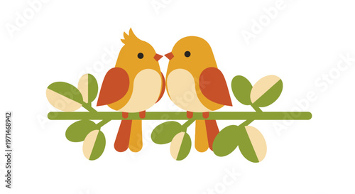 Birds Illustration of Two Cute Lovebirds Perching on a Green Branch
