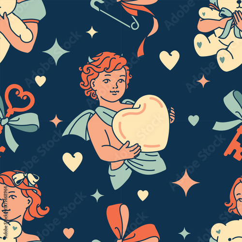 Vintage mystery aesthetic seamless pattern featuring adorable heart thieves, a girl with a toy bear, pins, and keys with flirty bows. Coquette sweet girly holiday background.